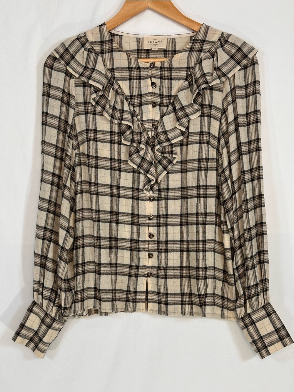 Sézane Angela Shirt Casablanca Plaid 34 Ruffle Virgin Wool Blouse Fall Bohemian